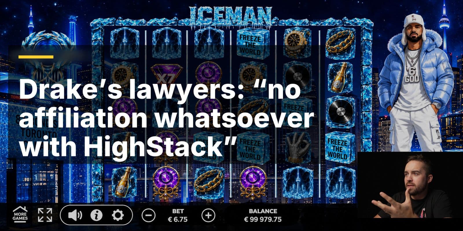 Header image: Drake's Lawyers Order AI Casino HighStack to Drop His Likeness (Iceman slot screenshot via Coffeezilla)
