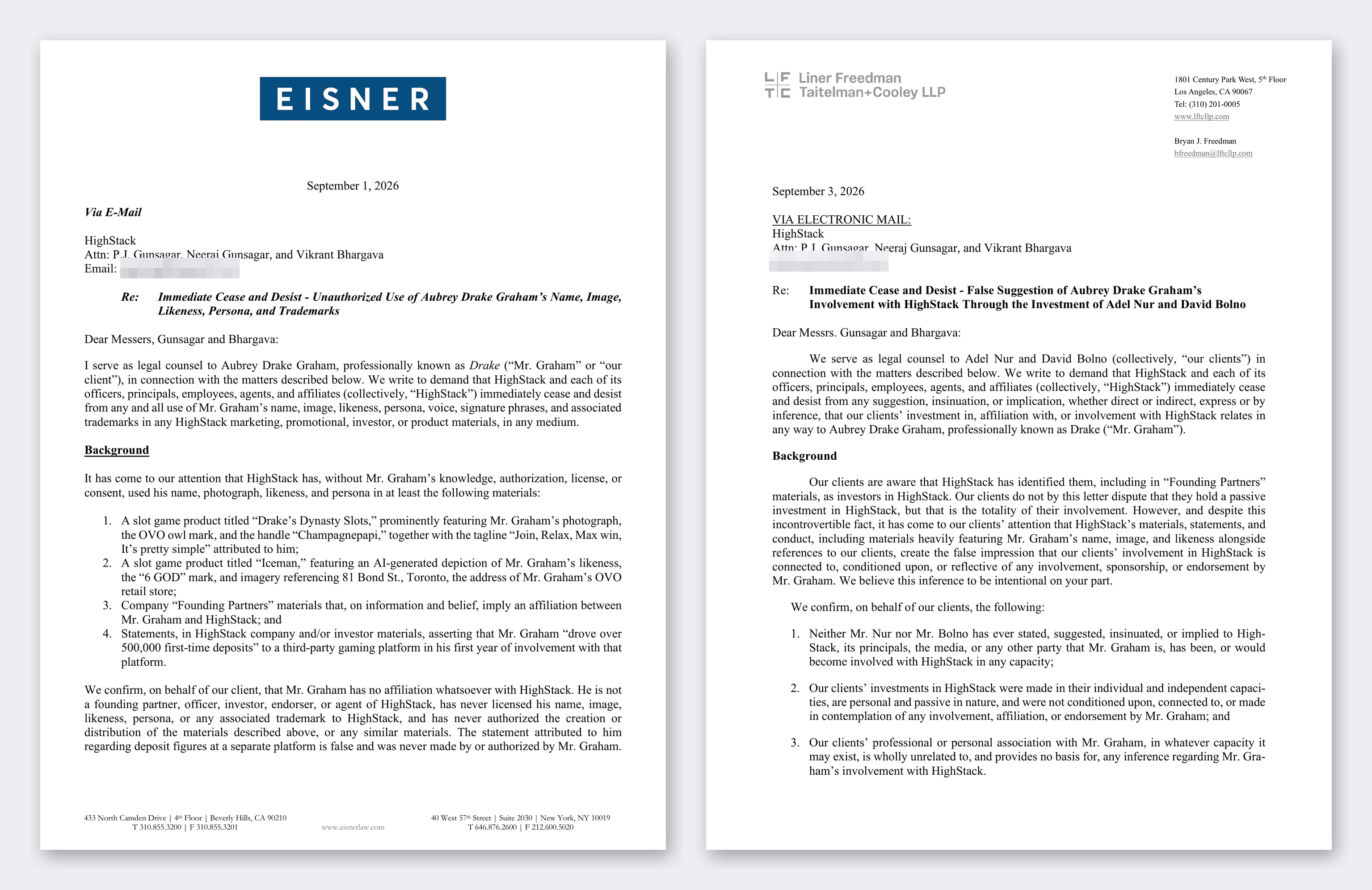 The two cease and desist letters sent to HighStack, page one of each: Eisner LLP for Drake, dated Sept. 1, 2026 (left), and Liner Freedman Taitelman + Cooley for Adel Nur and David Bolno, dated Sept. 3, 2026 (right). Personal email address redacted.