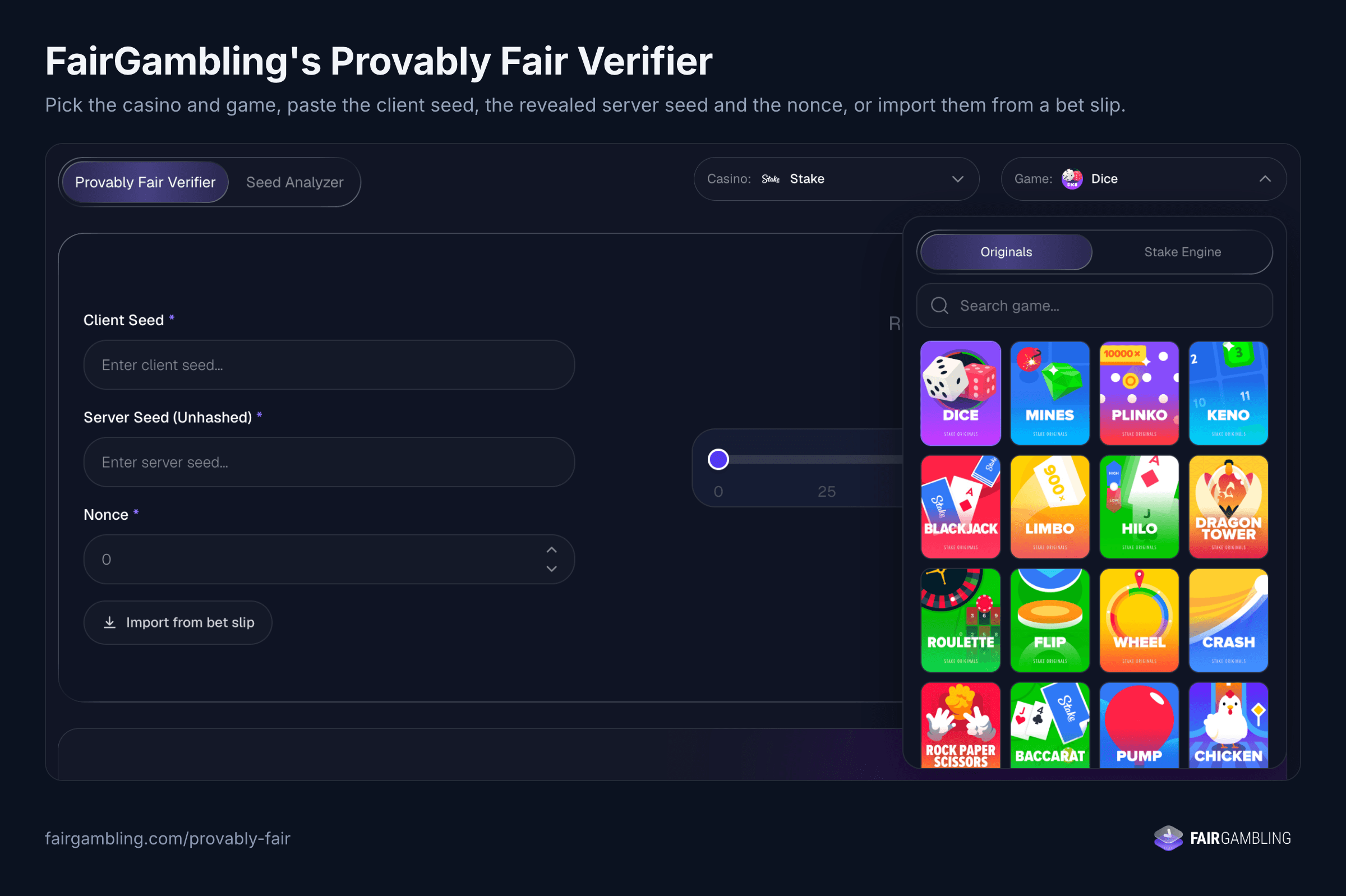 FairGambling's Provably Fair Verifier tool with the Stake Dice game selected