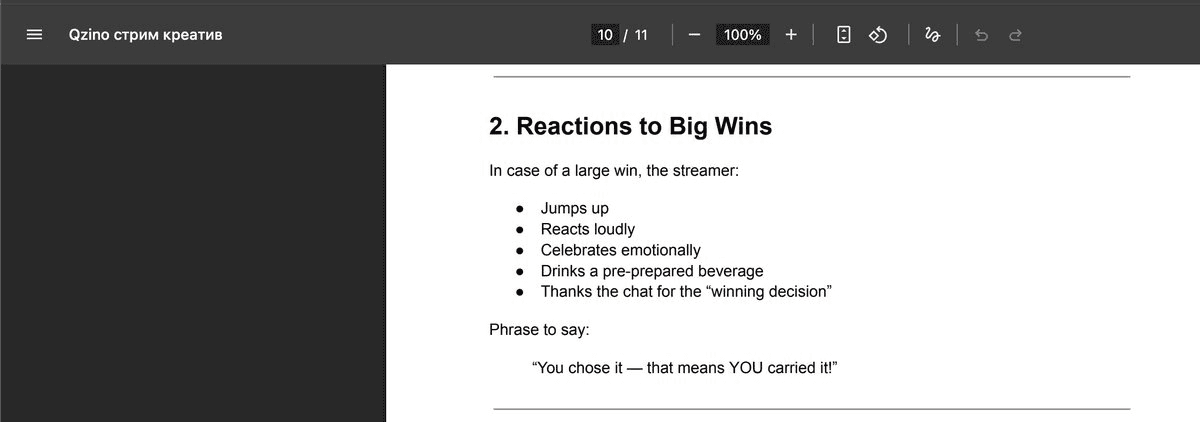 Page 10 of an 11-page Qzino stream script telling sponsored streamers how to react to big wins, posted by @OgMuta