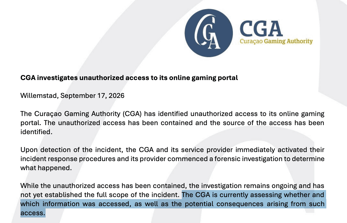 A screenshot of the CGA breach notification