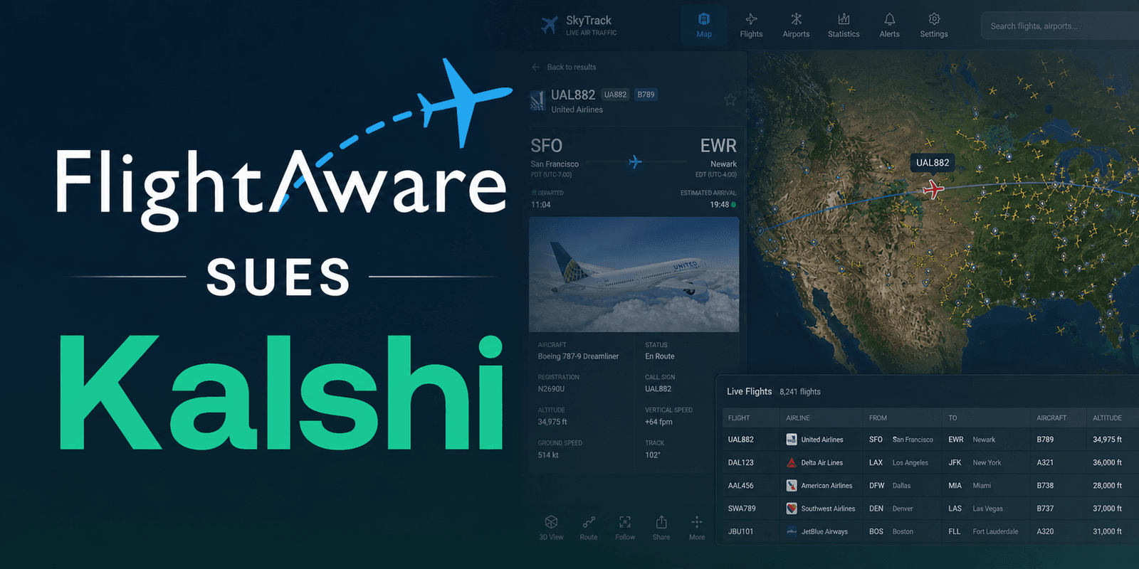 FlightAware and Kalshi logos beside a digital flight tracker showing a United Airlines route across the United States