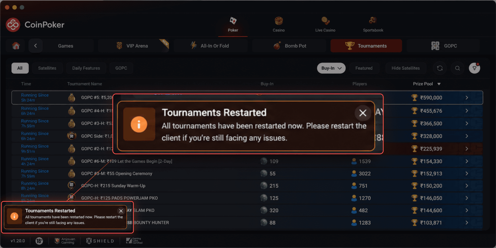 CoinPoker Pauses Tournaments on Day 1 of $50 Million Championship