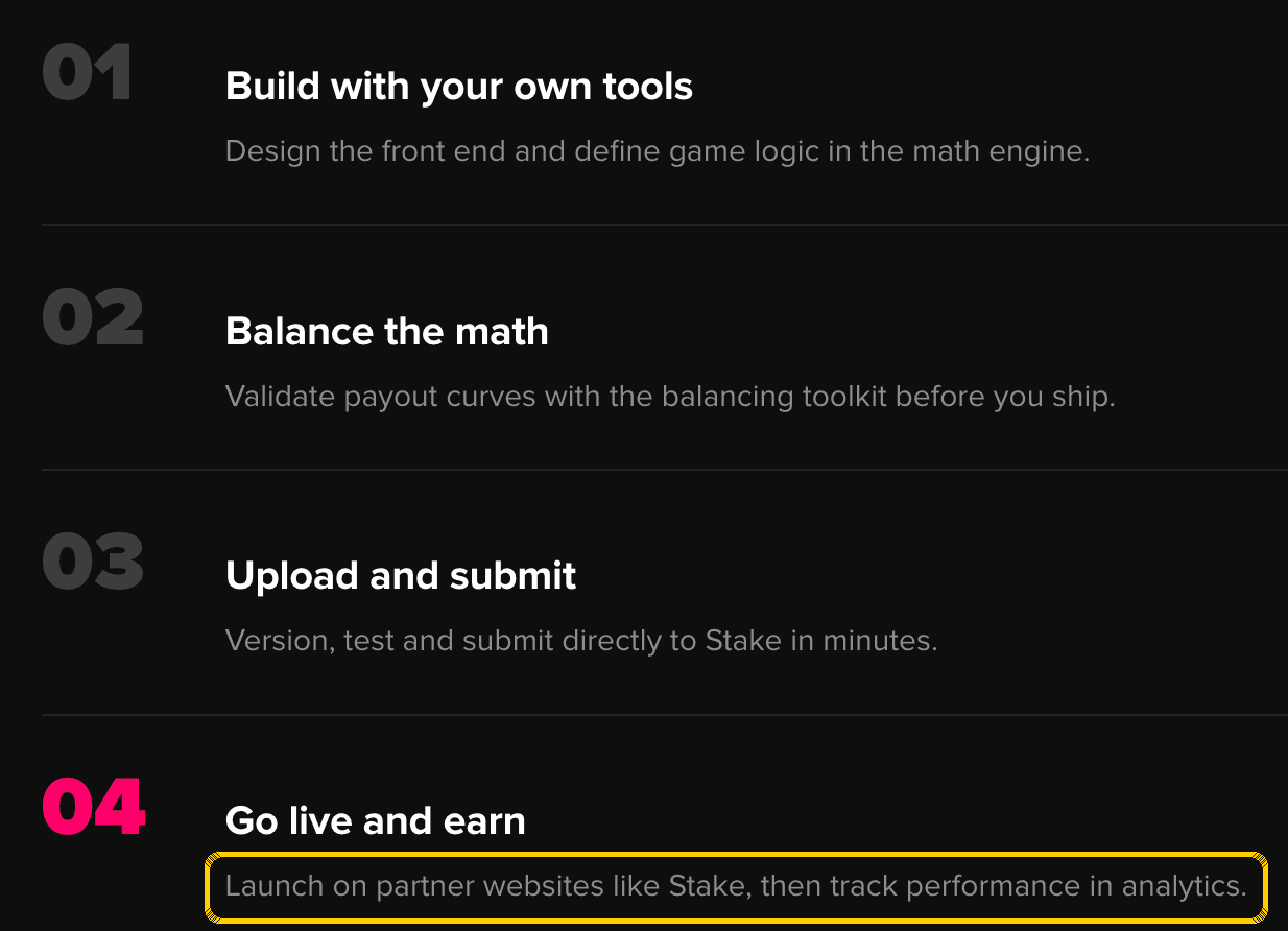 Engine's four-step developer walkthrough on engine.io, with step 04 highlighted: "Launch on partner websites like Stake, then track performance in analytics"