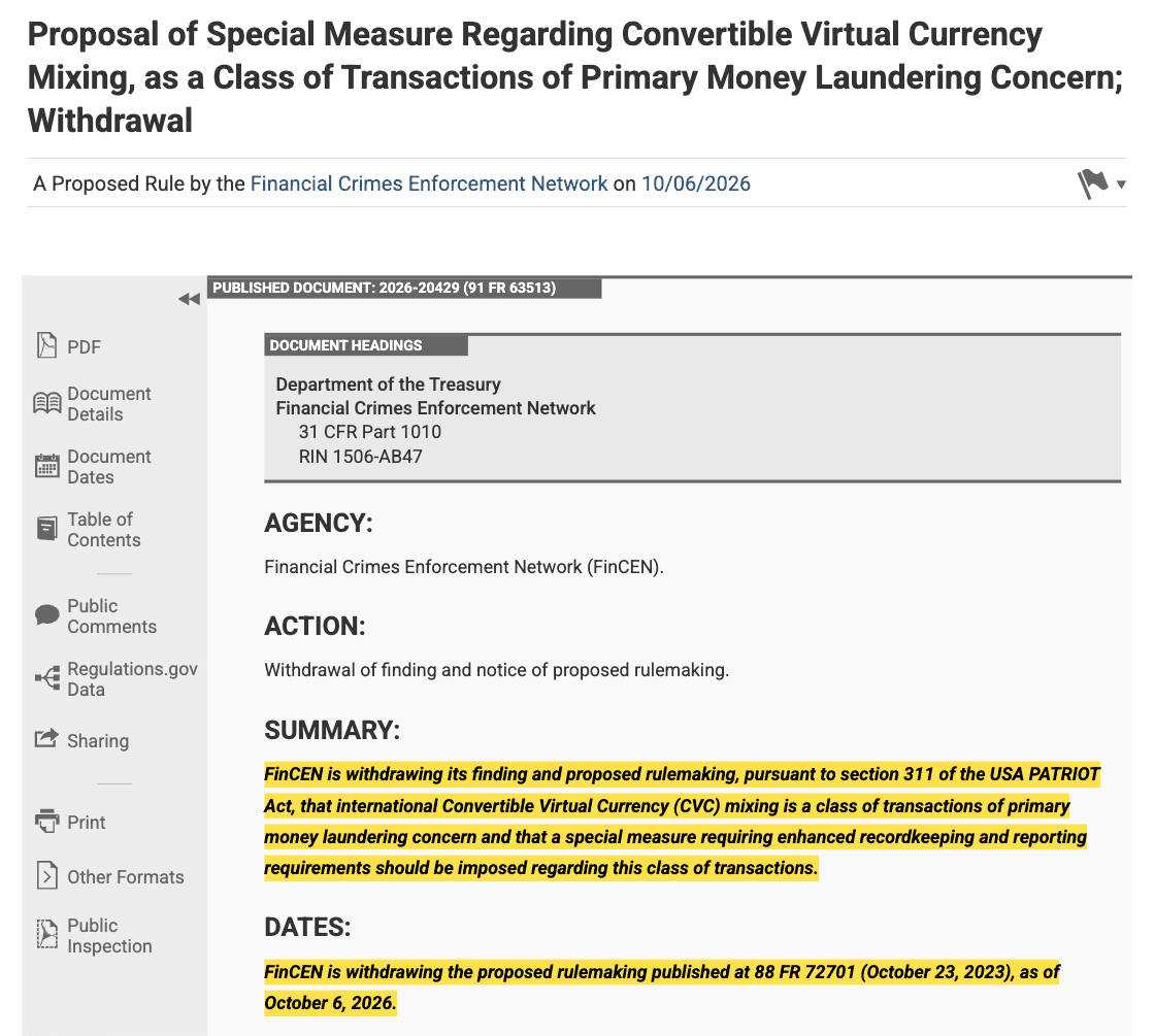 Federal Register notice withdrawing FinCEN's convertible virtual currency mixing proposal, with the summary and effective date highlighted