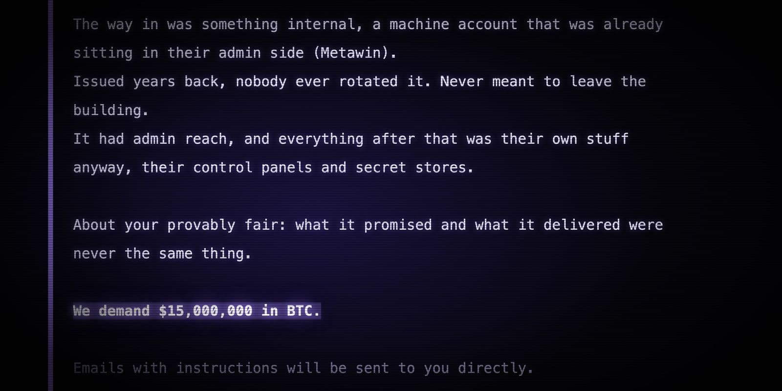 Extortion note posted about Gamdom, claiming a never-rotated machine account gave admin access and demanding $15,000,000 in BTC