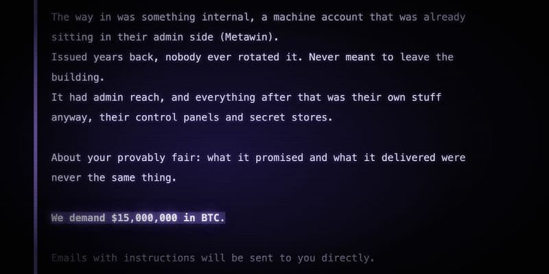 Extortion note posted about Gamdom, claiming a never-rotated machine account gave admin access and demanding $15,000,000 in BTC