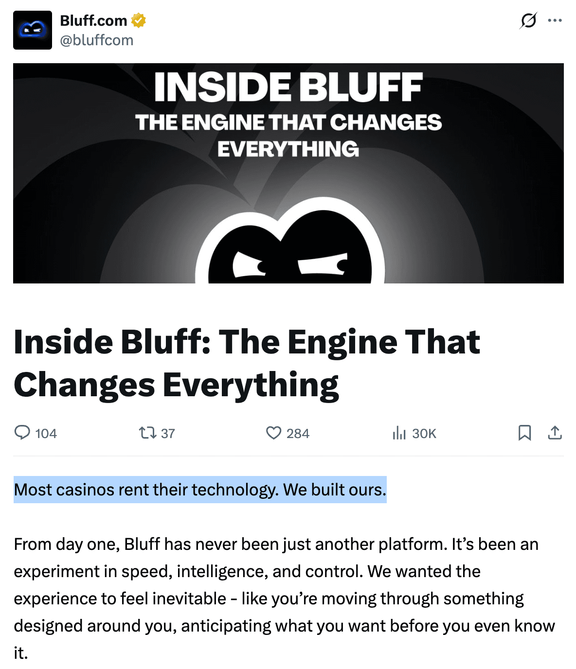 Bluff launch tweet: 'Most casinos rent their technology. We built ours.'
