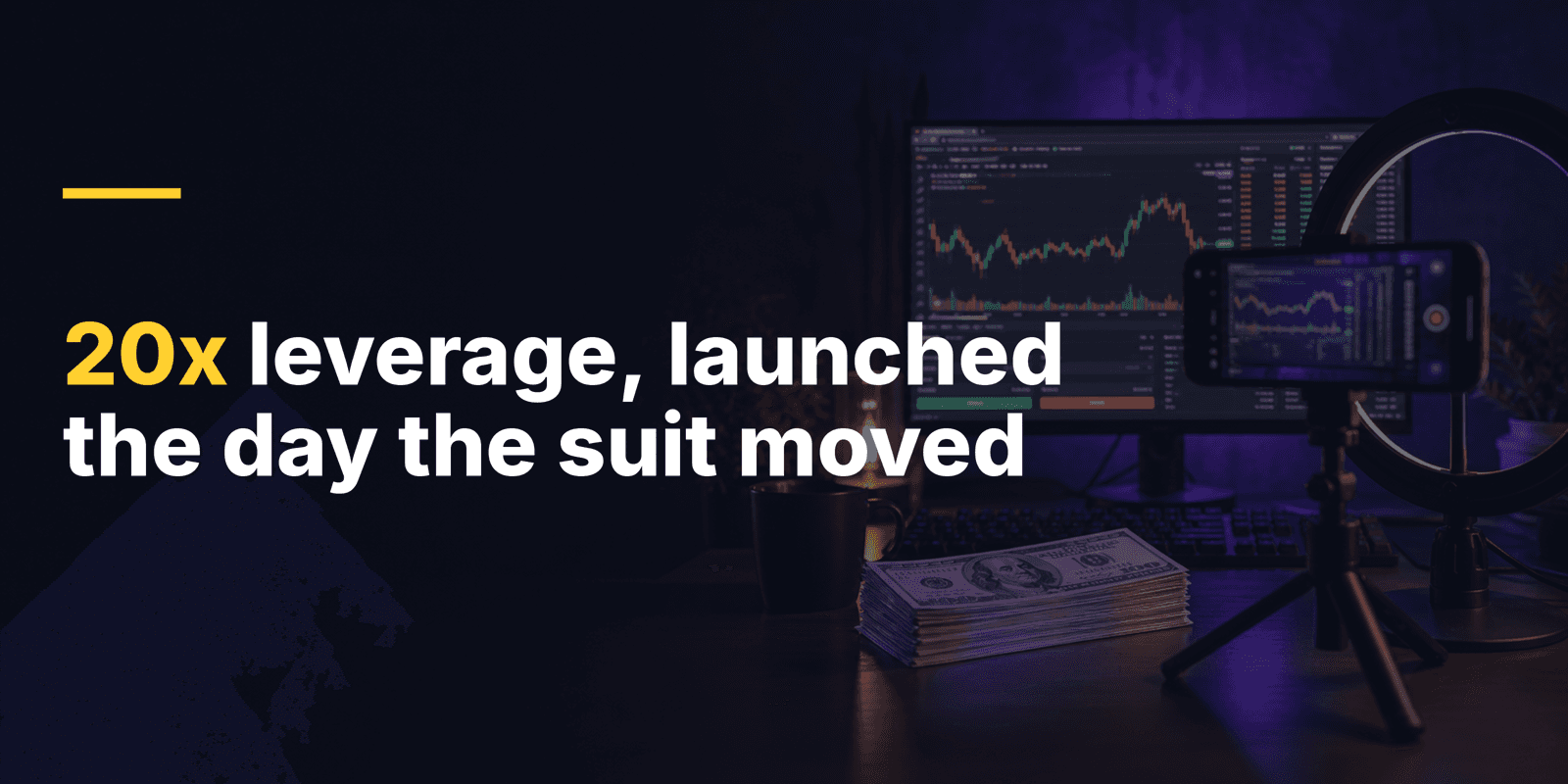 20x leverage, launched the day the suit moved — Polymarket fake-bet marketing lawsuit