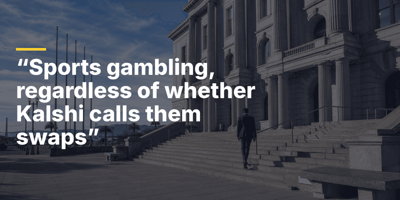 Header image: a lone figure climbs the steps of the Ninth Circuit courthouse in San Francisco, with the court's words "Sports gambling, regardless of whether Kalshi calls them swaps" — the Aug. 28, 2026 ruling that states can regulate prediction markets as gambling