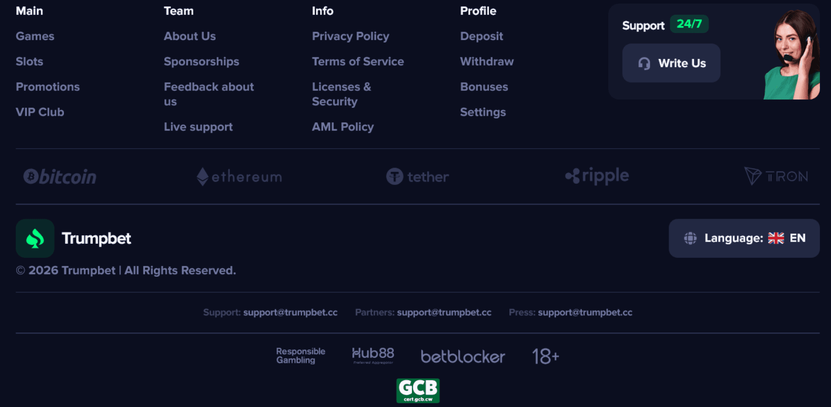 Fake Curaçao Gaming Authority seal displayed on trumpbet.cc.
