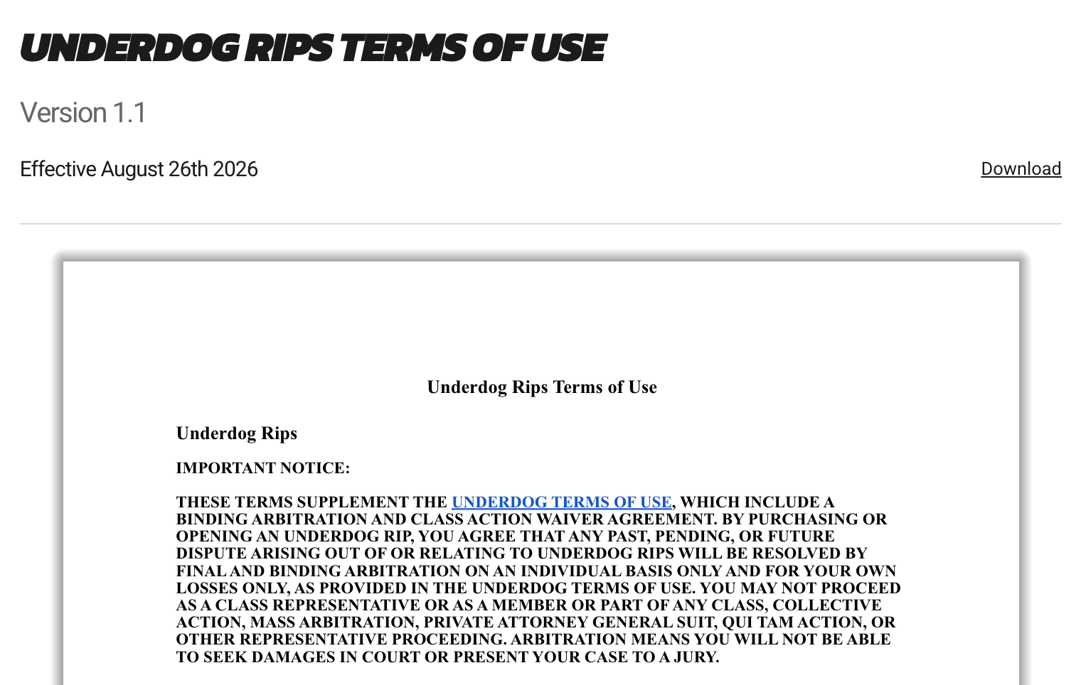 Screenshot of Underdog's legal center showing the Underdog Rips Terms of Use, Version 1.1, effective August 26th 2026, with the arbitration notice