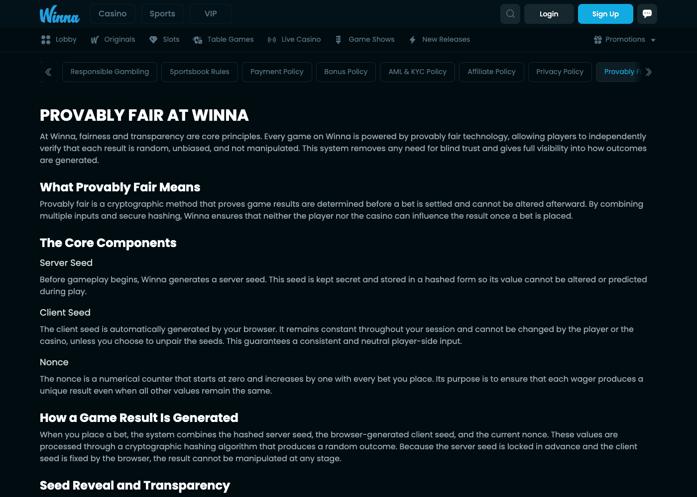 Winna's provably fair policy page, captured Aug. 19, 2026, promising every game is powered by provably fair technology