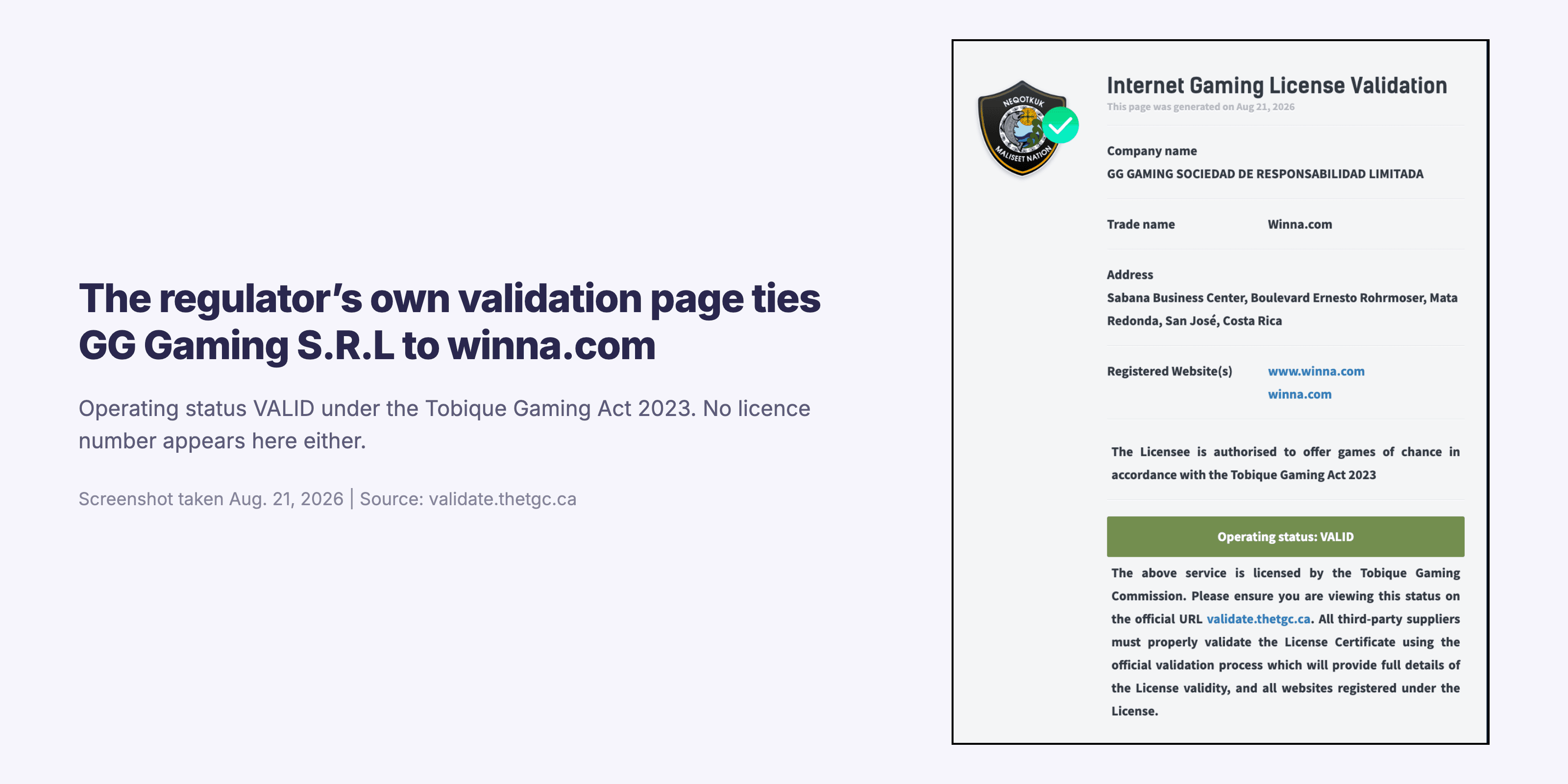Tobique Gaming Commission licence validation page for winna.com: GG Gaming S.R.L, operating status VALID, screenshot Aug. 21, 2026 - no licence number shown